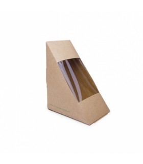 Envase kraft para sandwich con ventana de cartón/pet triangular kraft 18,4 x 12,9 x 7,7 cm